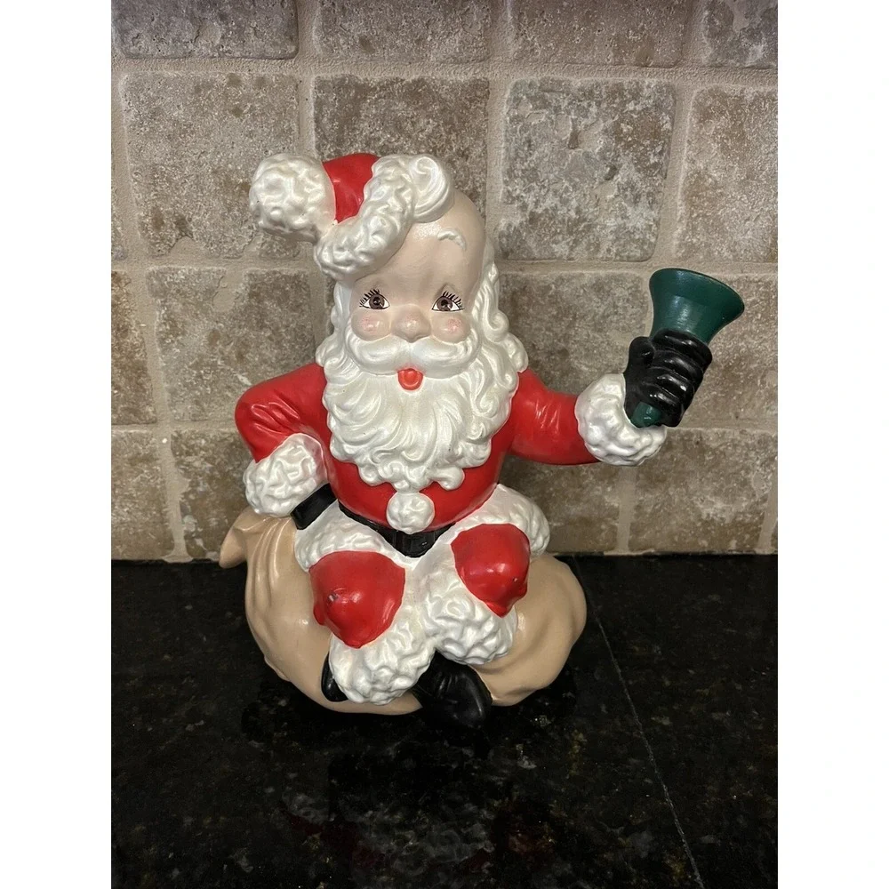 VTG Atlantic Mold Ceramic Santa Claus Sitting‎ On Bag Ringing Bell Hand Painted